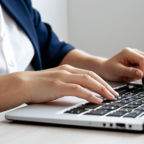 A focused female professional, fully clothed in a modest business casual outfit, sitting at a clean, minimalist desk in a bright, modern home office. She is working efficiently on a laptop, with a neatly organized notebook and pen beside her, symbolizing streamlined processes and resourceful work. The lighting is soft and natural. Perfect anatomy, correct proportions, natural pose, well-formed hands, proper finger count, natural body proportions. Professional photography, high-resolution, sharp focus. Safe for work, appropriate content, fully clothed, modest, family-friendly.