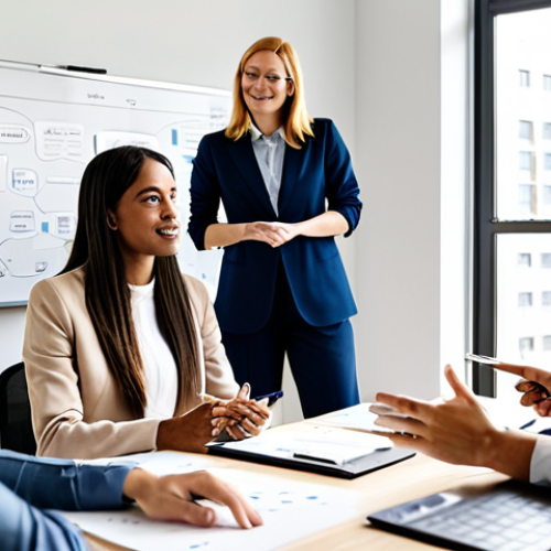 A diverse group of professional adults, fully clothed in modest business casual attire, actively brainstorming around a whiteboard filled with innovative diagrams in a modern, sunlit co-working space. They display focused, collaborative expressions. Professional photography, high resolution, perfect anatomy, correct proportions, natural pose, well-formed hands, proper finger count, natural body proportions, safe for work, appropriate content, family-friendly.