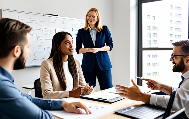 A diverse group of professional adults, fully clothed in modest business casual attire, actively brainstorming around a whiteboard filled with innovative diagrams in a modern, sunlit co-working space. They display focused, collaborative expressions. Professional photography, high resolution, perfect anatomy, correct proportions, natural pose, well-formed hands, proper finger count, natural body proportions, safe for work, appropriate content, family-friendly.