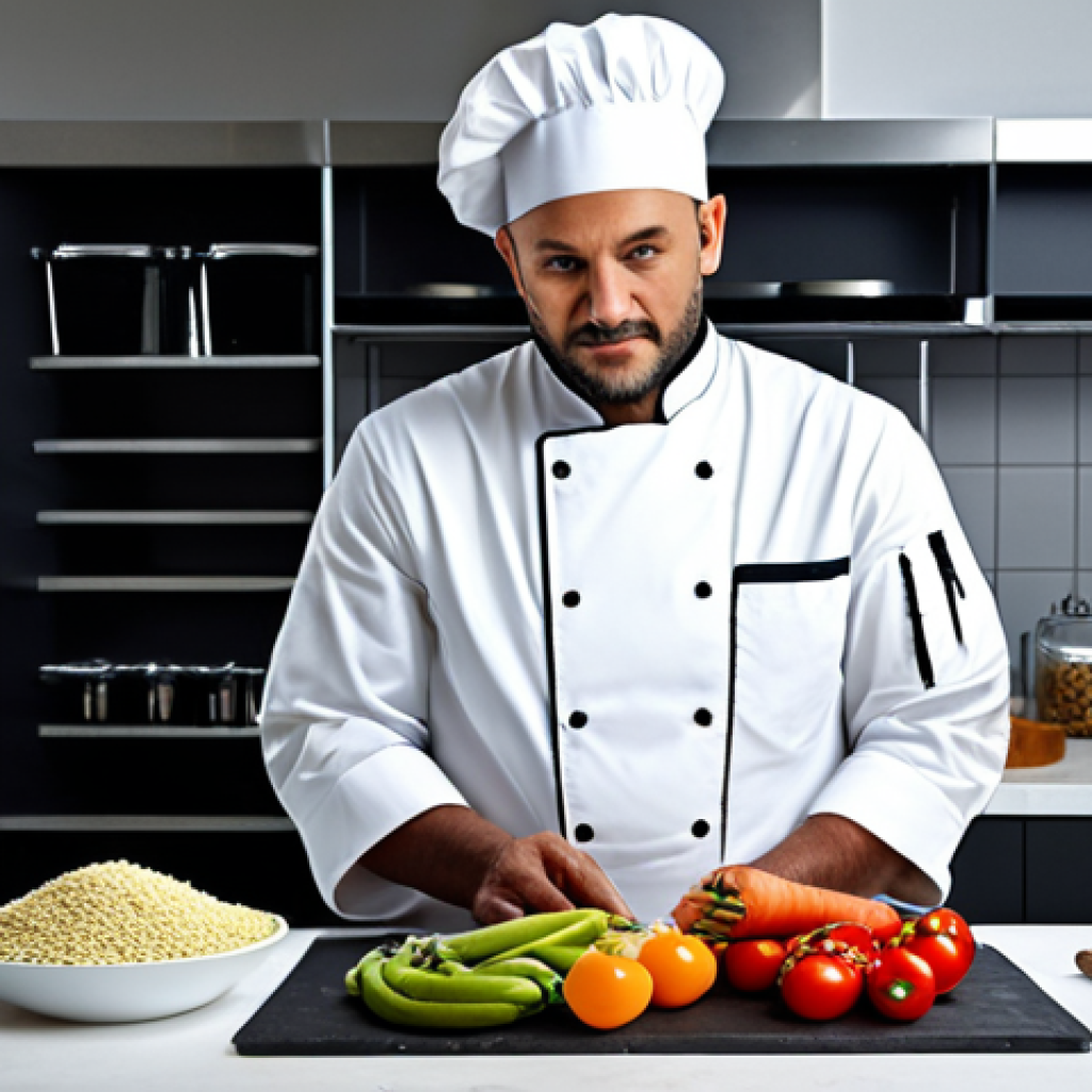 **
A chef in a modest kitchen, limited ingredients creatively arranged. Focus on resourcefulness and problem-solving. "Safe for work", "appropriate content", "fully clothed", professional, high quality.
**