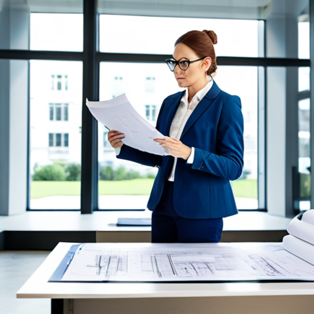 **
"A professional architect in a modest and appropriate business attire, standing in a brightly lit, modern architectural office, reviewing blueprints. Safe for work, fully clothed, perfect anatomy, natural proportions, professional setting, family-friendly."
**