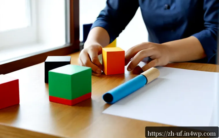 제약 기반 창의성의 실용적 적용법 - Photorealistic creative workshop scene, a focused adult designer arranging a limited set of colorful...
